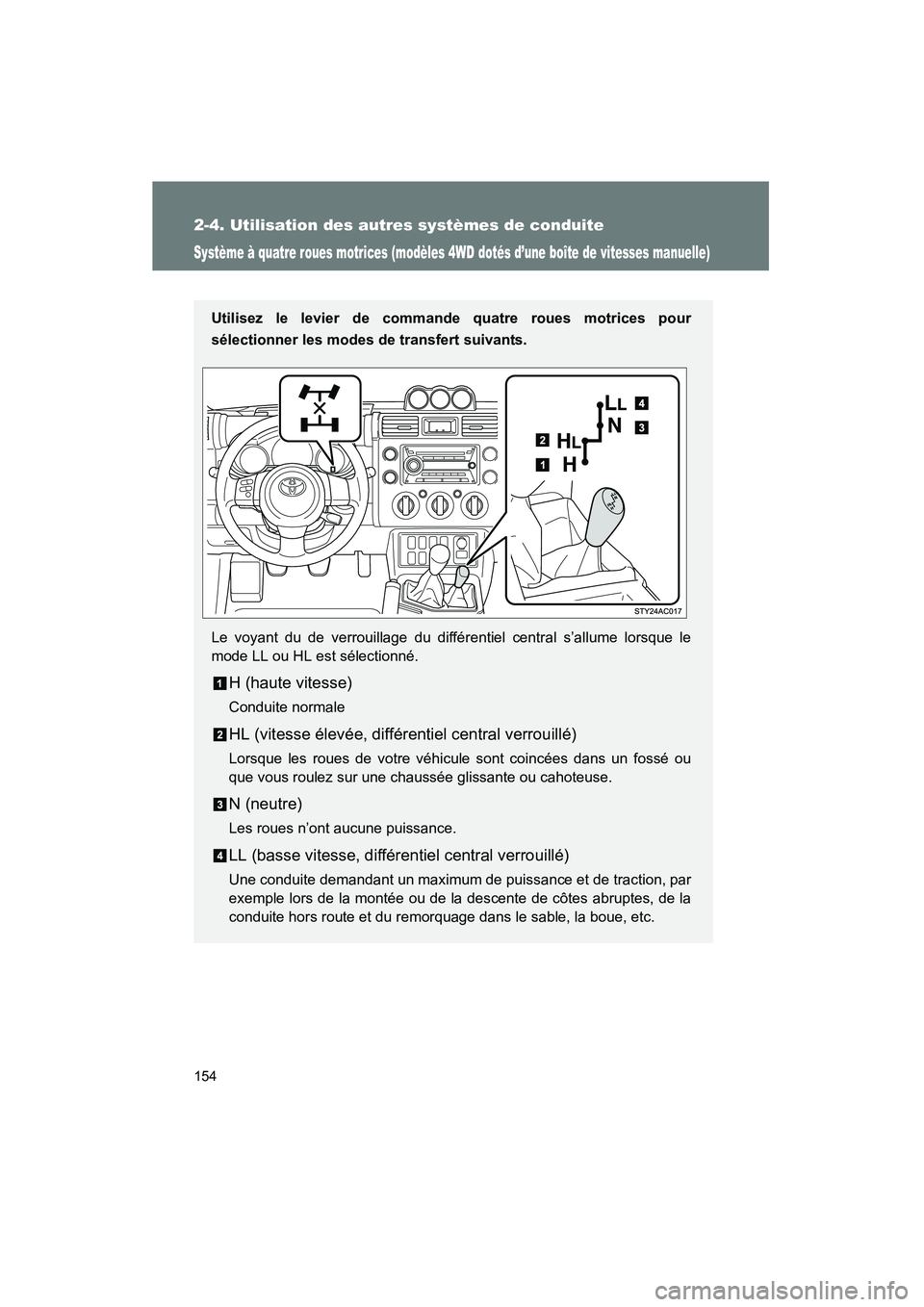 TOYOTA FJ CRUISER 2008  Manuel du propriétaire (in French) 154
2-4. Utilisation des autres systèmes de conduite
FJ CRUISER_D_(L/O_0708)
Système à quatre roues motrices (modèles 4WD dotés d’une boîte de vitesses manuelle)
Utilisez le levier de commande
