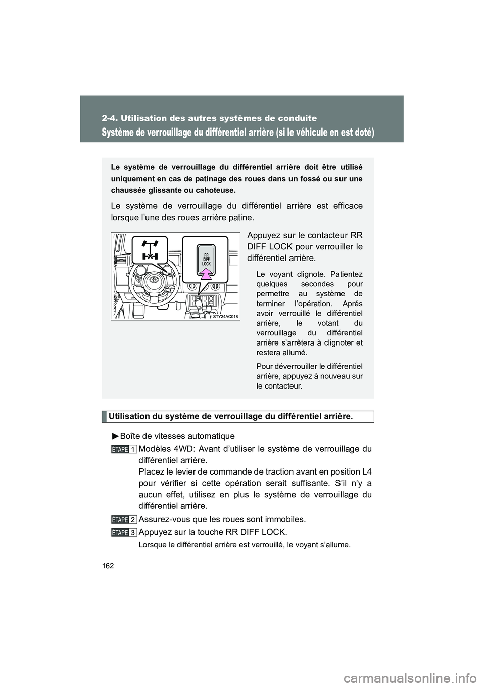 TOYOTA FJ CRUISER 2008 Manuel du propriétaire (in French) 162
2-4. Utilisation des autres systèmes de conduite
FJ CRUISER_D_(L/O_0708)
Système de verrouillage du différentiel arrière (si le véhicule en est doté)
Utilisation du système de verrouillage TOYOTA FJ CRUISER 2008 Manuel du propriétaire (in French) 162
2-4. Utilisation des autres systèmes de conduite
FJ CRUISER_D_(L/O_0708)
Système de verrouillage du différentiel arrière (si le véhicule en est doté)
Utilisation du système de verrouillage