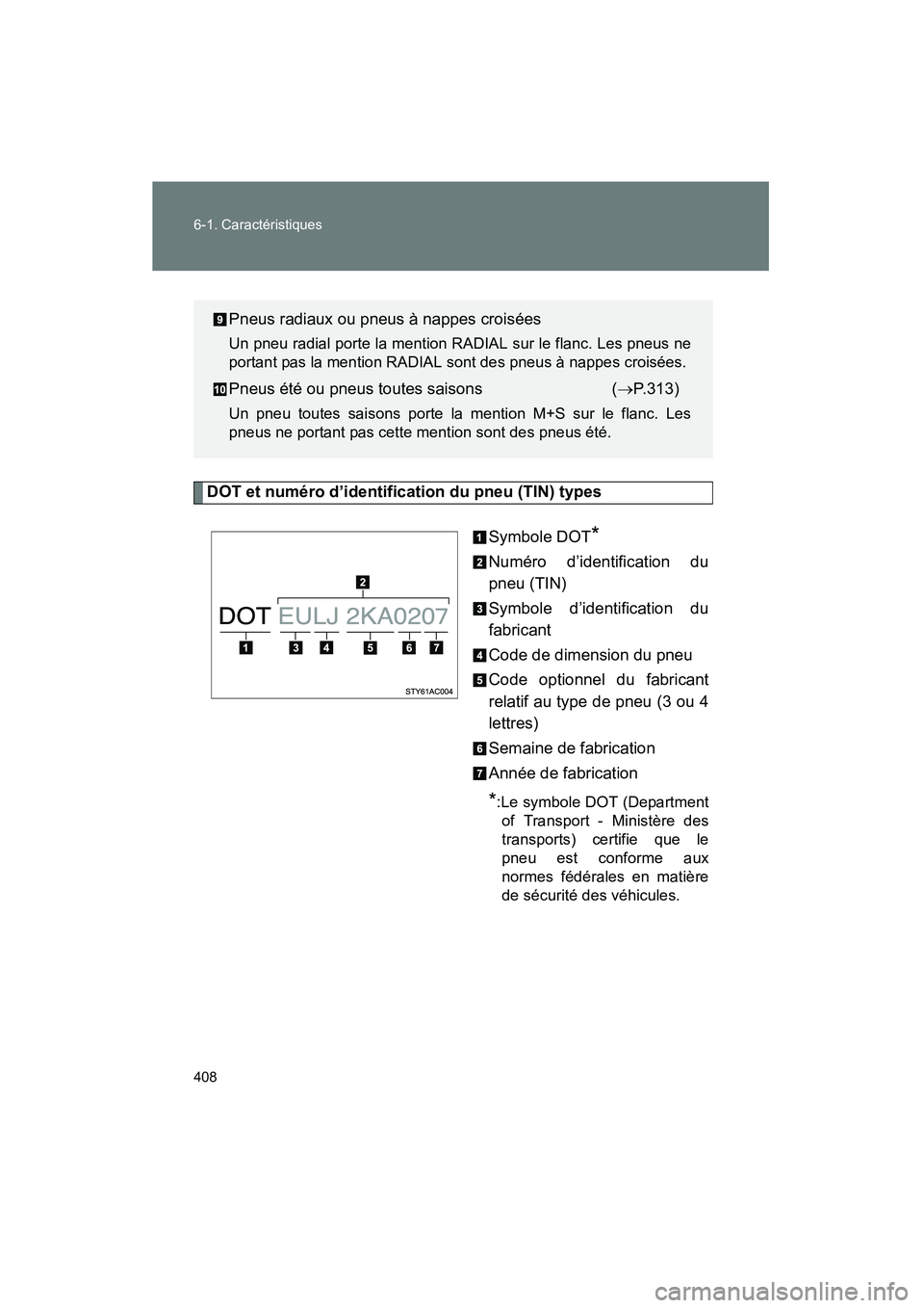 TOYOTA FJ CRUISER 2008  Manuel du propriétaire (in French) 408 6-1. Caractéristiques
FJ CRUISER_D_(L/O_0708)
DOT et numéro d’identification du pneu (TIN) types
Symbole DOT
*
Numéro d’identification du
pneu (TIN)
Symbole d’identification du
fabricant
