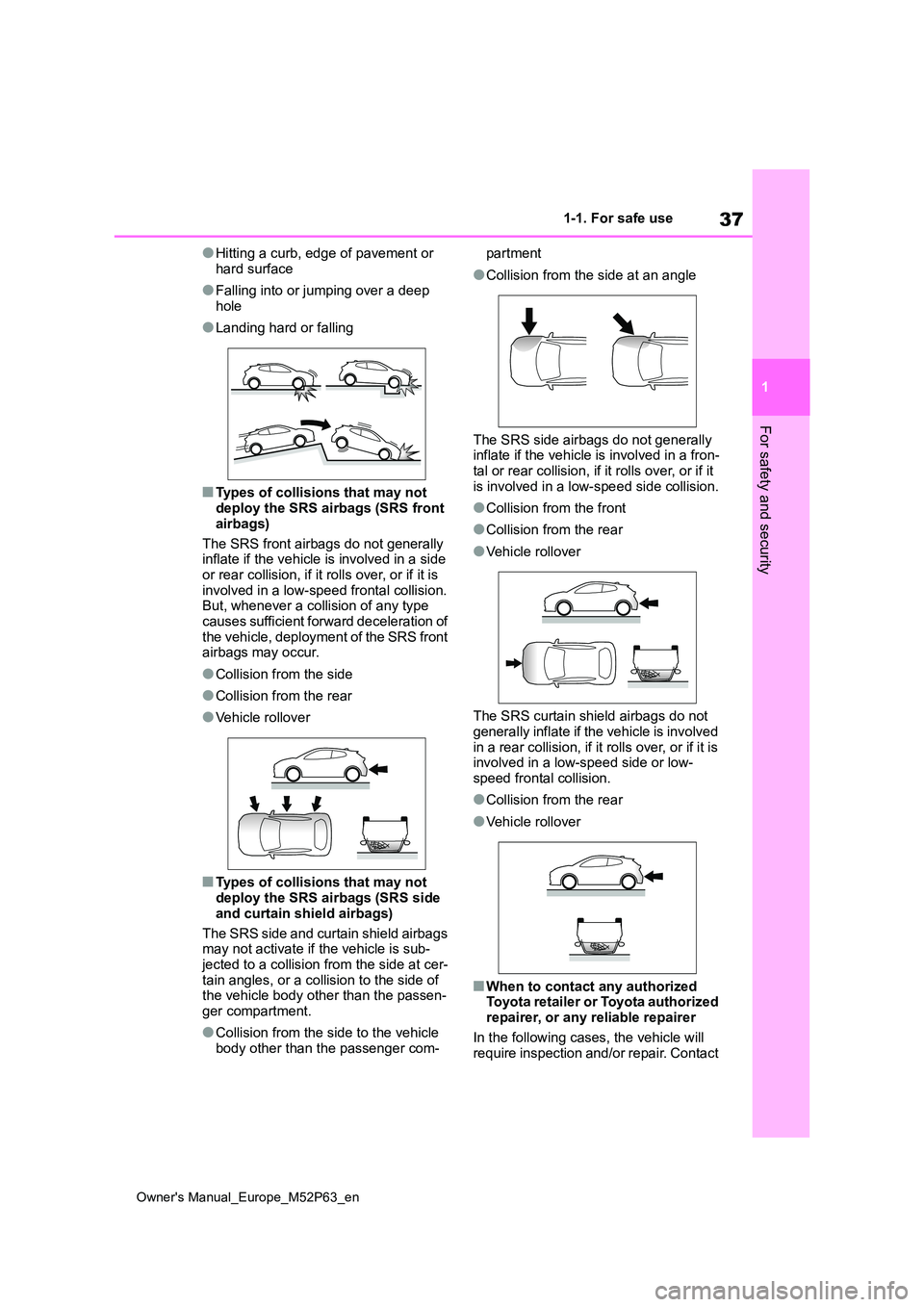 TOYOTA GR YARIS 2023 Owners Manual 37
1
Owner's Manual_Europe_M52P63_en
1-1. For safe use
For safety and security
●Hitting a curb, edge of pavement or
hard surface
●Falling into or jumping over a deep
hole
●Landing hard or TOYOTA GR YARIS 2023 Owners Manual 37
1
Owner's Manual_Europe_M52P63_en
1-1. For safe use
For safety and security
●Hitting a curb, edge of pavement or
hard surface
●Falling into or jumping over a deep
hole
●Landing hard or