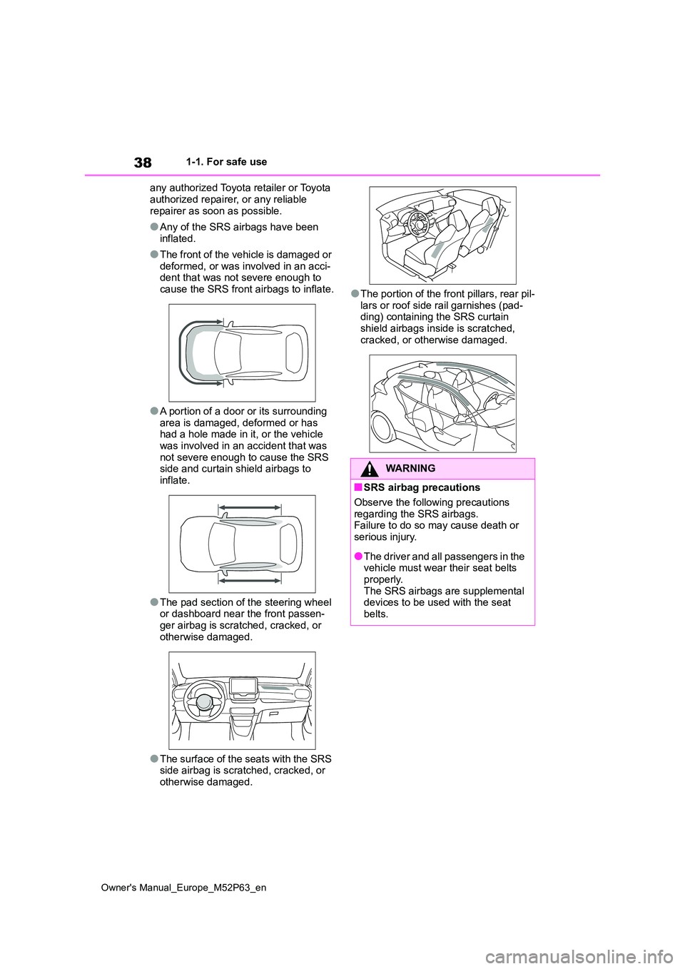 TOYOTA GR YARIS 2023 Owners Manual 38
Owner's Manual_Europe_M52P63_en
1-1. For safe use
any authorized Toyota retailer or Toyota
authorized repairer, or any reliable repairer as soon as possible.
●Any of the SRS airbags have TOYOTA GR YARIS 2023 Owners Manual 38
Owner's Manual_Europe_M52P63_en
1-1. For safe use
any authorized Toyota retailer or Toyota
authorized repairer, or any reliable repairer as soon as possible.
●Any of the SRS airbags have
