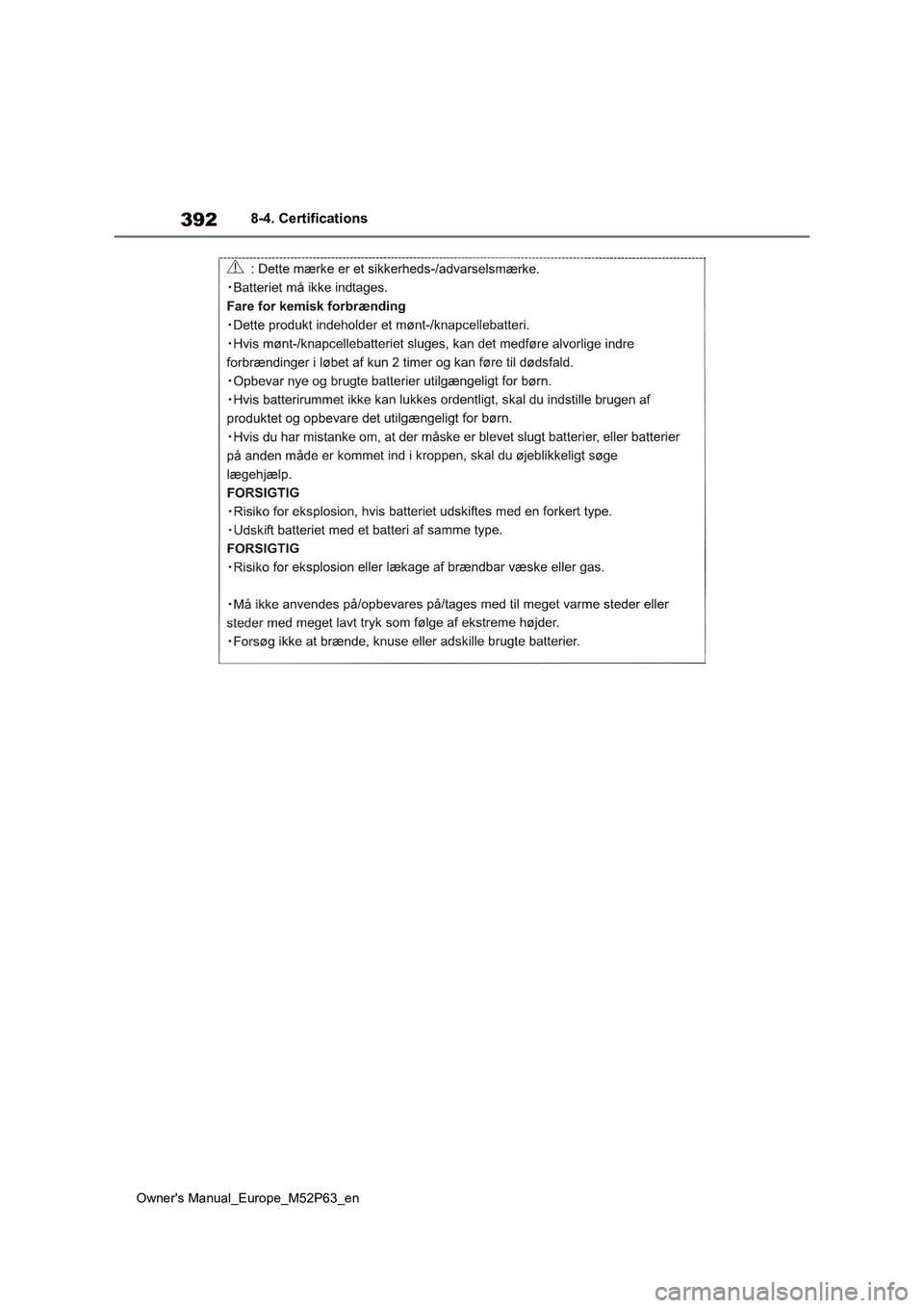 TOYOTA GR YARIS 2023  Owners Manual 392
Owner's Manual_Europe_M52P63_en
8-4. Certifications 
