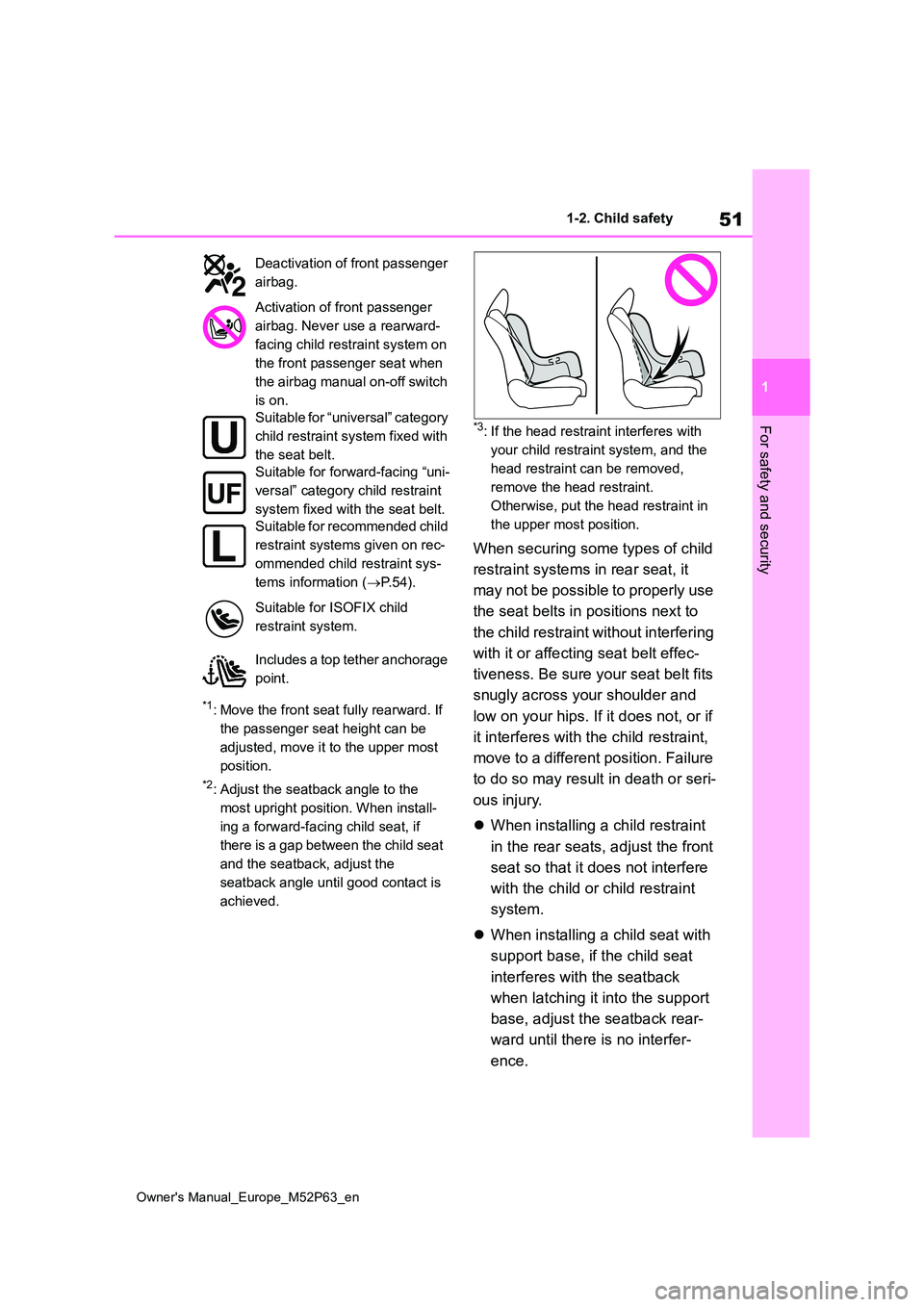 TOYOTA GR YARIS 2023 Owners Manual 51
1
Owner's Manual_Europe_M52P63_en
1-2. Child safety
For safety and security
*1: Move the front seat fully rearward. If
the passenger seat height can be
adjusted, move it to the upper most
p TOYOTA GR YARIS 2023 Owners Manual 51
1
Owner's Manual_Europe_M52P63_en
1-2. Child safety
For safety and security
*1: Move the front seat fully rearward. If
the passenger seat height can be
adjusted, move it to the upper most
p