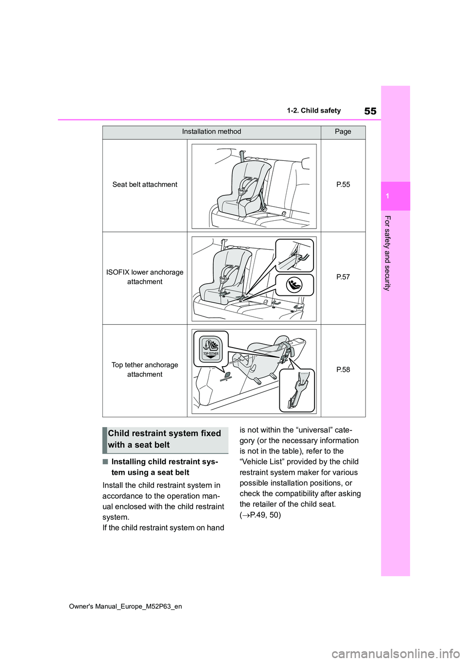 TOYOTA GR YARIS 2023  Owners Manual 55
1
Owner's Manual_Europe_M52P63_en
1-2. Child safety
For safety and security
■Installing child restraint sys- 
tem using a seat belt 
Install the child restraint system in  
accordance to the 