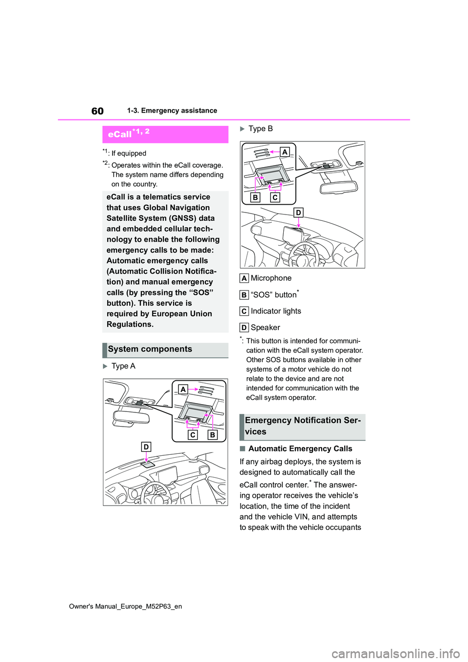 TOYOTA GR YARIS 2023 Owners Manual 60
Owner's Manual_Europe_M52P63_en
1-3. Emergency assistance
1-3.Emerg ency as sista nce
*1: If equipped
*2: Operates within the eCall coverage.
The system name differs depending
on the countr TOYOTA GR YARIS 2023 Owners Manual 60
Owner's Manual_Europe_M52P63_en
1-3. Emergency assistance
1-3.Emerg ency as sista nce
*1: If equipped
*2: Operates within the eCall coverage.
The system name differs depending
on the countr