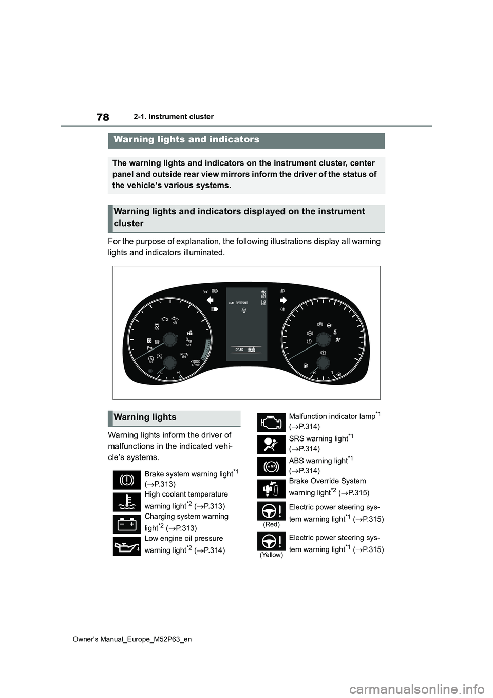 TOYOTA GR YARIS 2022  Owners Manual 78
Owner's Manual_Europe_M52P63_en
2-1. Instrument cluster
2-1.In strument clu ste r
For the purpose of explanation, the following illustrations display all warning  
lights and indicators illumin