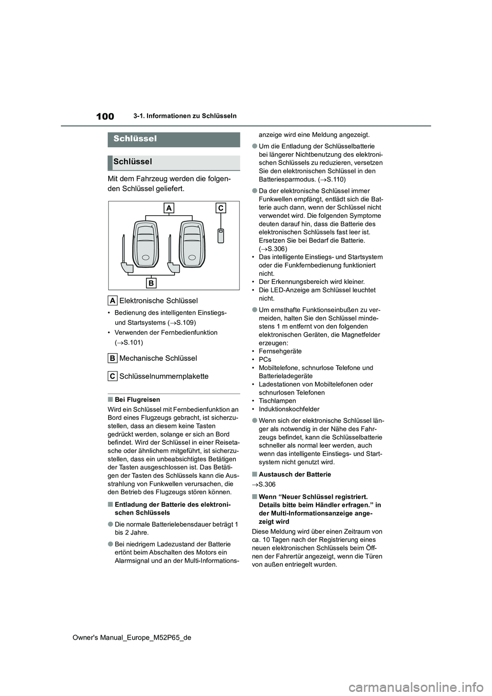 TOYOTA GR YARIS 2022 Betriebsanleitungen (in German) 100
Owner's Manual_Europe_M52P65_de
3-1. Informationen zu Schlüsseln
3-1.In formatione n z u Schlüss eln
Mit dem Fahrzeug werden die folgen-
den Schlüssel geliefert.
Elektronische Schlüssel
TOYOTA GR YARIS 2022 Betriebsanleitungen (in German) 100
Owner's Manual_Europe_M52P65_de
3-1. Informationen zu Schlüsseln
3-1.In formatione n z u Schlüss eln
Mit dem Fahrzeug werden die folgen-
den Schlüssel geliefert.
Elektronische Schlüssel