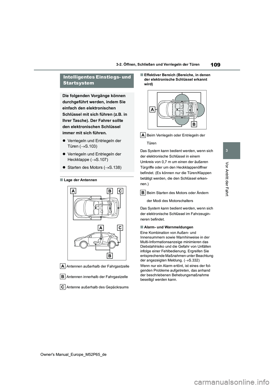 TOYOTA GR YARIS 2022 Betriebsanleitungen (in German) 109
3
Owner's Manual_Europe_M52P65_de
3-2. Öffnen, Schließen und Verriegeln der Türen
Vor Antritt der Fahrt
■Lage der Antennen
Antennen außerhalb der Fahrgastzelle
Antennen innerhalb der F TOYOTA GR YARIS 2022 Betriebsanleitungen (in German) 109
3
Owner's Manual_Europe_M52P65_de
3-2. Öffnen, Schließen und Verriegeln der Türen
Vor Antritt der Fahrt
■Lage der Antennen
Antennen außerhalb der Fahrgastzelle
Antennen innerhalb der F