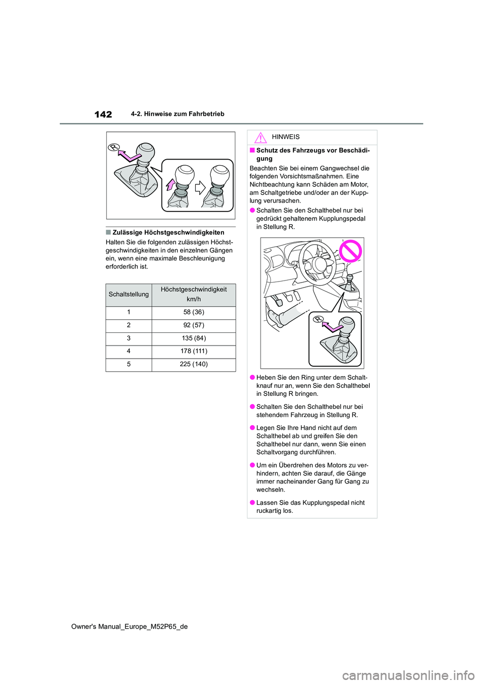 TOYOTA GR YARIS 2022 Betriebsanleitungen (in German) 142
Owner's Manual_Europe_M52P65_de
4-2. Hinweise zum Fahrbetrieb
■Zulässige Höchstgeschwindigkeiten
Halten Sie die folgenden zulässigen Höchst- geschwindigkeiten in den einzelnen Gängen e TOYOTA GR YARIS 2022 Betriebsanleitungen (in German) 142
Owner's Manual_Europe_M52P65_de
4-2. Hinweise zum Fahrbetrieb
■Zulässige Höchstgeschwindigkeiten
Halten Sie die folgenden zulässigen Höchst- geschwindigkeiten in den einzelnen Gängen e