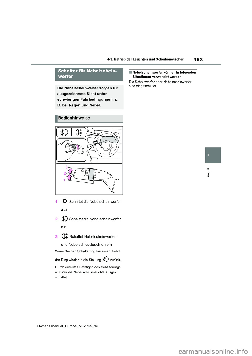 TOYOTA GR YARIS 2022  Betriebsanleitungen (in German) 153
4
Owner's Manual_Europe_M52P65_de
4-3. Betrieb der Leuchten und Scheibenwischer
Fahren
1 Schaltet die Nebelscheinwerfer  
aus 
2  Schaltet die Nebelscheinwerfer  
ein 
3  Schaltet Nebelscheinw