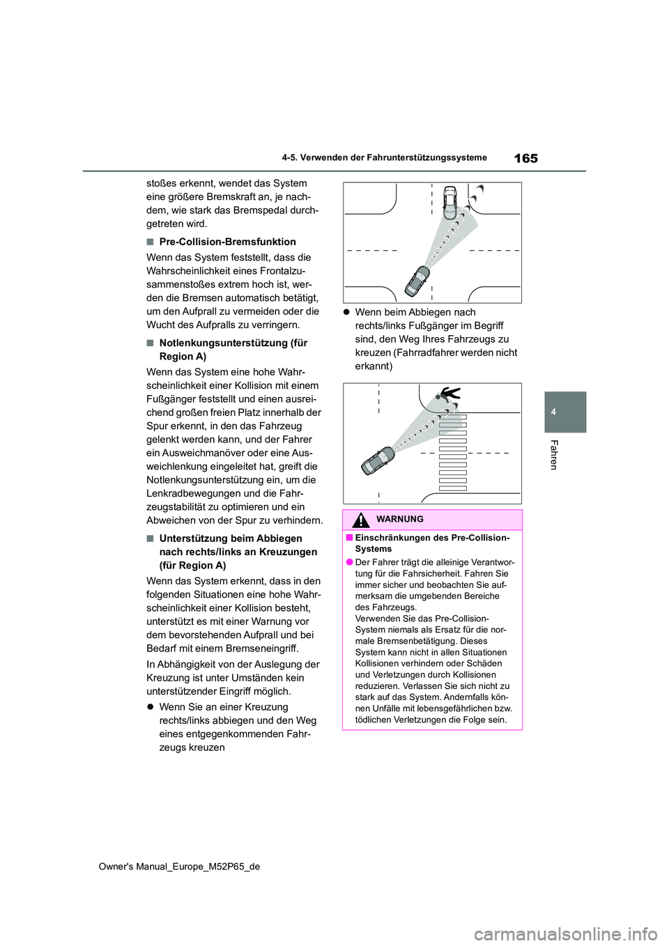 TOYOTA GR YARIS 2022 Betriebsanleitungen (in German) 165
4
Owner's Manual_Europe_M52P65_de
4-5. Verwenden der Fahrunterstützungssysteme
Fahren
stoßes erkennt, wendet das System
eine größere Bremskraft an, je nach-
dem, wie stark das Bremspedal TOYOTA GR YARIS 2022 Betriebsanleitungen (in German) 165
4
Owner's Manual_Europe_M52P65_de
4-5. Verwenden der Fahrunterstützungssysteme
Fahren
stoßes erkennt, wendet das System
eine größere Bremskraft an, je nach-
dem, wie stark das Bremspedal