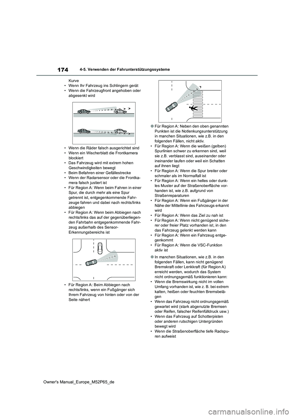 TOYOTA GR YARIS 2022 Betriebsanleitungen (in German) 174
Owner's Manual_Europe_M52P65_de
4-5. Verwenden der Fahrunterstützungssysteme
Kurve • Wenn Ihr Fahrzeug ins Schlingern gerät• Wenn die Fahrzeugfront angehoben oder
abgesenkt wird
• TOYOTA GR YARIS 2022 Betriebsanleitungen (in German) 174
Owner's Manual_Europe_M52P65_de
4-5. Verwenden der Fahrunterstützungssysteme
Kurve • Wenn Ihr Fahrzeug ins Schlingern gerät• Wenn die Fahrzeugfront angehoben oder
abgesenkt wird
•