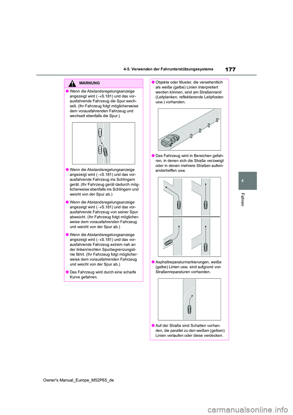 TOYOTA GR YARIS 2022 Betriebsanleitungen (in German) 177
4
Owner's Manual_Europe_M52P65_de
4-5. Verwenden der Fahrunterstützungssysteme
Fahren
WARNUNG
●Wenn die Abstandsregelungsanzeige
angezeigt wird ( S.181) und das vor- ausfahrende Fahrze TOYOTA GR YARIS 2022 Betriebsanleitungen (in German) 177
4
Owner's Manual_Europe_M52P65_de
4-5. Verwenden der Fahrunterstützungssysteme
Fahren
WARNUNG
●Wenn die Abstandsregelungsanzeige
angezeigt wird ( S.181) und das vor- ausfahrende Fahrze