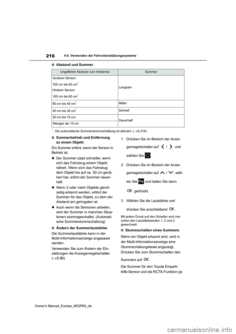 TOYOTA GR YARIS 2022 Betriebsanleitungen (in German) 216
Owner's Manual_Europe_M52P65_de
4-5. Verwenden der Fahrunterstützungssysteme
■Abstand und Summer
*: Die automatische Summerstummschaltung ist aktiviert. (S.216)
■Summerbetrieb und Entf TOYOTA GR YARIS 2022 Betriebsanleitungen (in German) 216
Owner's Manual_Europe_M52P65_de
4-5. Verwenden der Fahrunterstützungssysteme
■Abstand und Summer
*: Die automatische Summerstummschaltung ist aktiviert. (S.216)
■Summerbetrieb und Entf