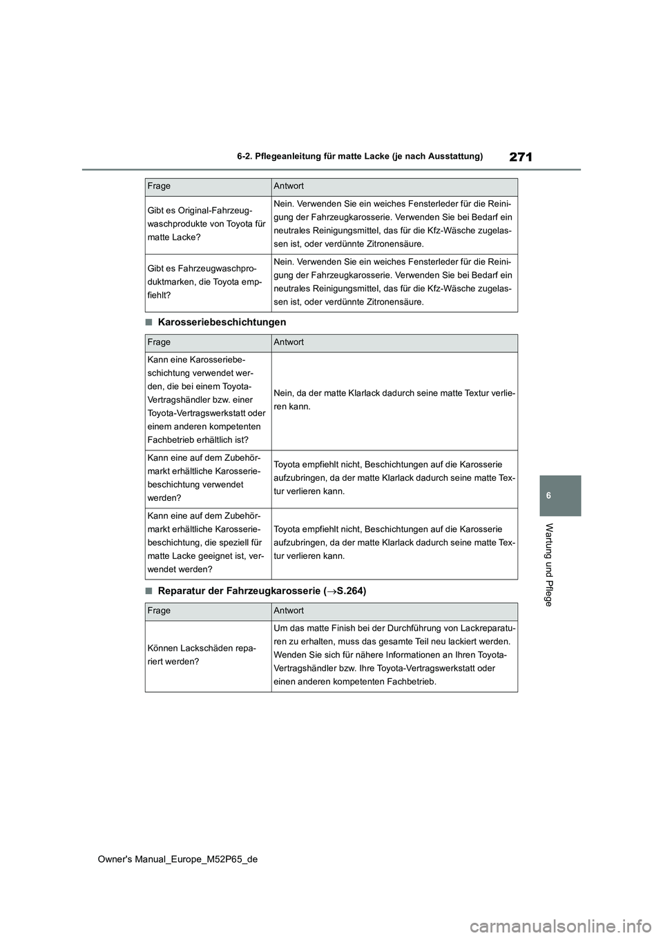 TOYOTA GR YARIS 2022 Betriebsanleitungen (in German) 271
6
Owner's Manual_Europe_M52P65_de
6-2. Pflegeanleitung für matte Lacke (je nach Ausstattung)
Wartung und Pflege
■Karosseriebeschichtungen
■Reparatur der Fahrzeugkarosserie (S.264)
Gibt TOYOTA GR YARIS 2022 Betriebsanleitungen (in German) 271
6
Owner's Manual_Europe_M52P65_de
6-2. Pflegeanleitung für matte Lacke (je nach Ausstattung)
Wartung und Pflege
■Karosseriebeschichtungen
■Reparatur der Fahrzeugkarosserie (S.264)
Gibt