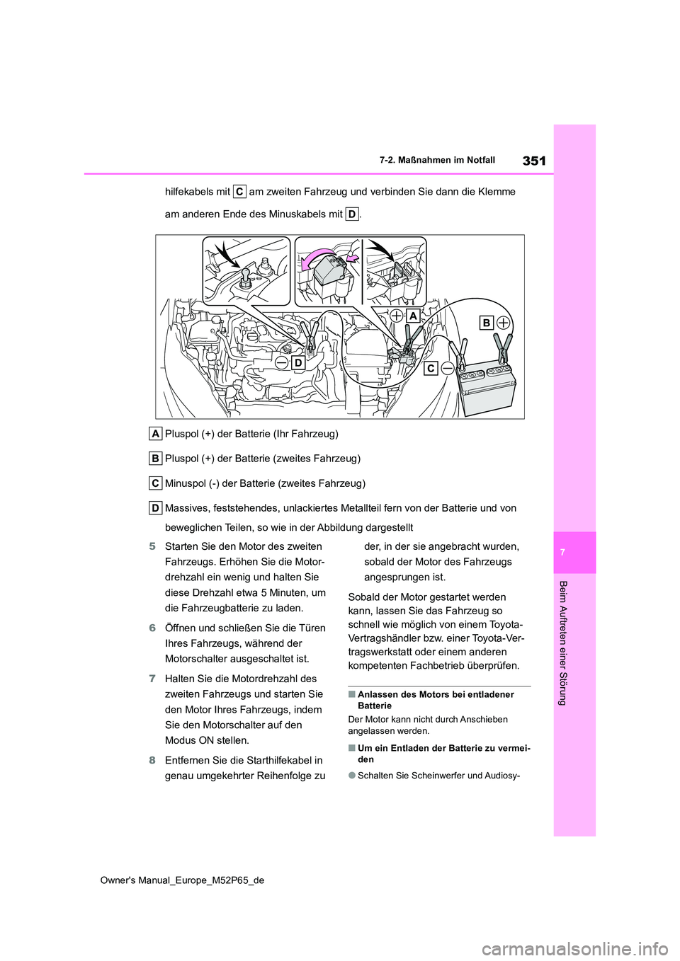 TOYOTA GR YARIS 2022 Betriebsanleitungen (in German) 351
7
Owner's Manual_Europe_M52P65_de
7-2. Maßnahmen im Notfall
Beim Auftreten einer Störung
hilfekabels mit am zweiten Fahrzeug und verbinden Sie dann die Klemme
am anderen Ende des Minuska TOYOTA GR YARIS 2022 Betriebsanleitungen (in German) 351
7
Owner's Manual_Europe_M52P65_de
7-2. Maßnahmen im Notfall
Beim Auftreten einer Störung
hilfekabels mit am zweiten Fahrzeug und verbinden Sie dann die Klemme
am anderen Ende des Minuska