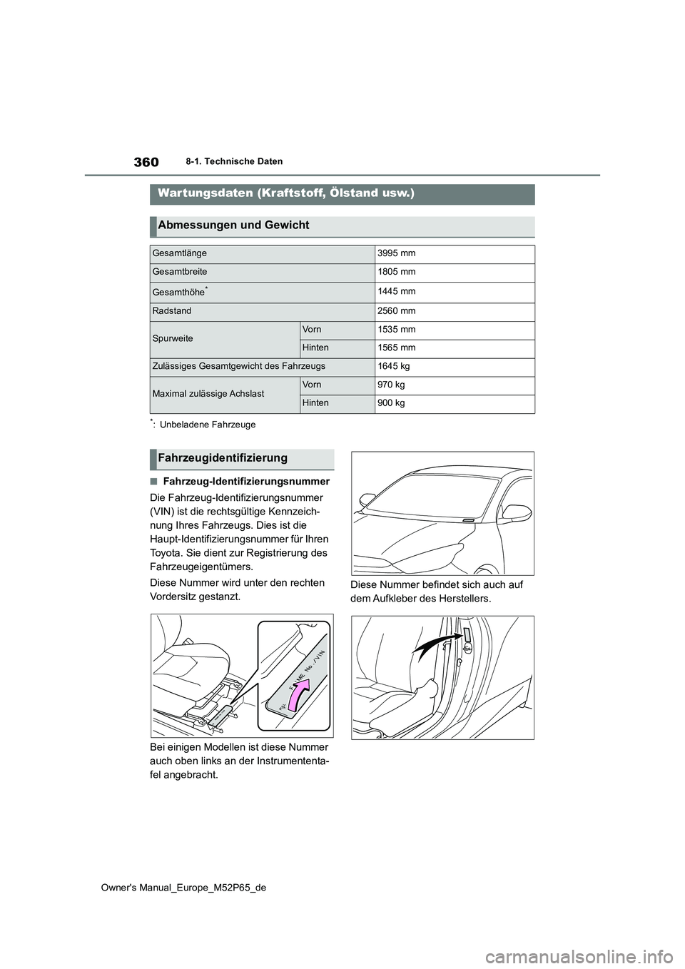 TOYOTA GR YARIS 2022  Betriebsanleitungen (in German) 360
Owner's Manual_Europe_M52P65_de
8-1. Technische Daten
8-1.Techn is che Daten
*: Unbeladene Fahrzeuge
■Fahrzeug-Identifizierungsnummer 
Die Fahrzeug-Identifizierungsnummer  
(VIN) ist die rec