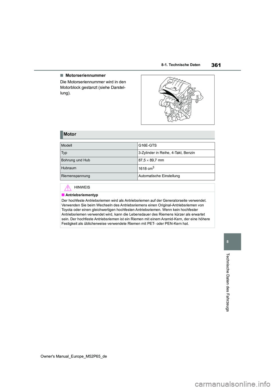 TOYOTA GR YARIS 2022  Betriebsanleitungen (in German) 361
8
Owner's Manual_Europe_M52P65_de
8-1. Technische Daten
Technische Daten des Fahrzeugs
■Motorseriennummer 
Die Motorseriennummer wird in den  
Motorblock gestanzt (siehe Darstel-
lung).
Moto