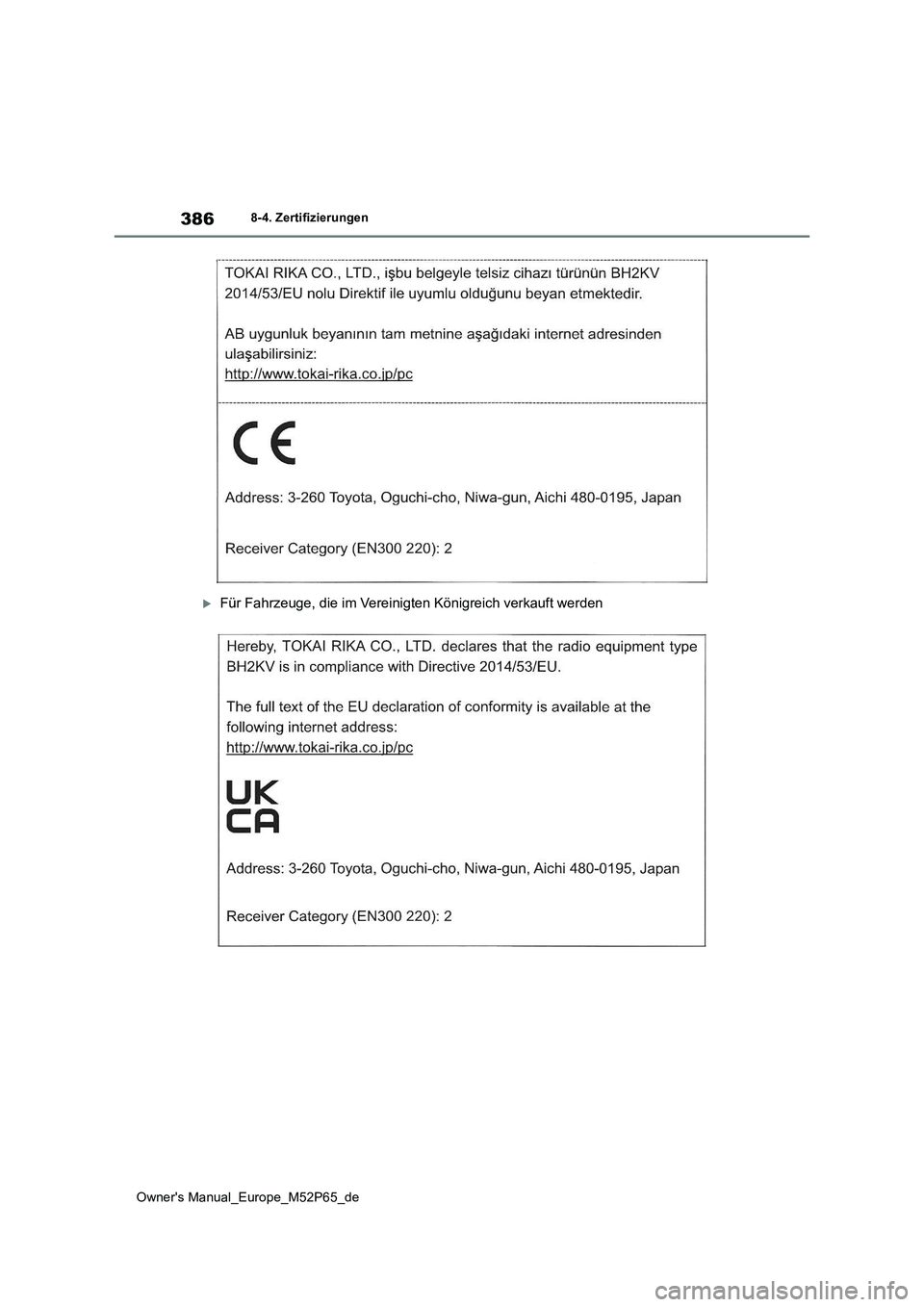 TOYOTA GR YARIS 2022  Betriebsanleitungen (in German) 386
Owner's Manual_Europe_M52P65_de
8-4. Zertifizierungen
Für Fahrzeuge, die im Vereinigten Königreich verkauft werden 