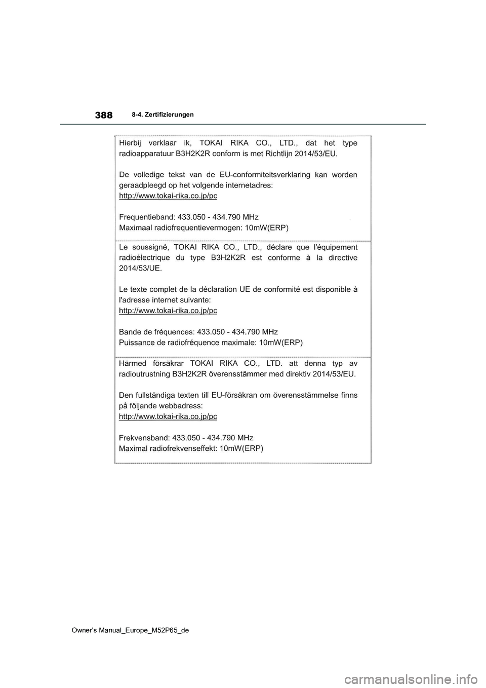TOYOTA GR YARIS 2022  Betriebsanleitungen (in German) 388
Owner's Manual_Europe_M52P65_de
8-4. Zertifizierungen 