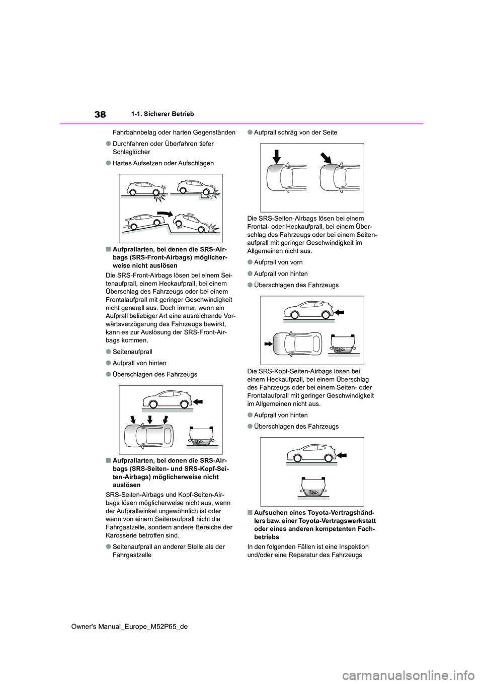 TOYOTA GR YARIS 2022 Betriebsanleitungen (in German) 38
Owner's Manual_Europe_M52P65_de
1-1. Sicherer Betrieb
Fahrbahnbelag oder harten Gegenständen
●Durchfahren oder Überfahren tiefer
Schlaglöcher
●Hartes Aufsetzen oder Aufschlagen
■Auf TOYOTA GR YARIS 2022 Betriebsanleitungen (in German) 38
Owner's Manual_Europe_M52P65_de
1-1. Sicherer Betrieb
Fahrbahnbelag oder harten Gegenständen
●Durchfahren oder Überfahren tiefer
Schlaglöcher
●Hartes Aufsetzen oder Aufschlagen
■Auf