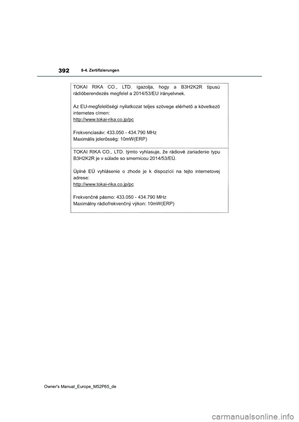 TOYOTA GR YARIS 2022  Betriebsanleitungen (in German) 392
Owner's Manual_Europe_M52P65_de
8-4. Zertifizierungen 