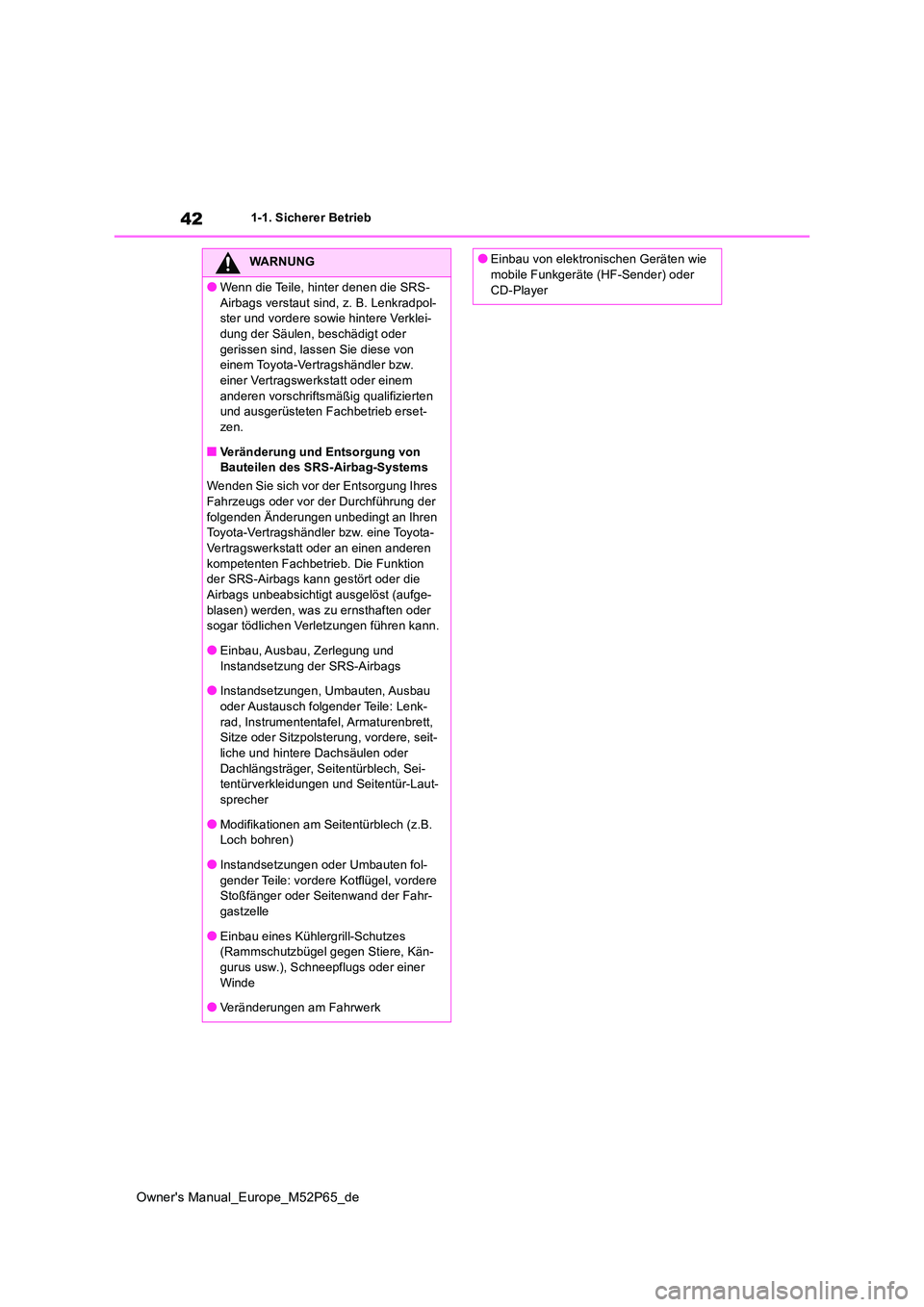TOYOTA GR YARIS 2022 Betriebsanleitungen (in German) 42
Owner's Manual_Europe_M52P65_de
1-1. Sicherer Betrieb
WARNUNG
●Wenn die Teile, hinter denen die SRS-
Airbags verstaut sind, z. B. Lenkradpol- ster und vordere sowie hintere Verklei-dung der TOYOTA GR YARIS 2022 Betriebsanleitungen (in German) 42
Owner's Manual_Europe_M52P65_de
1-1. Sicherer Betrieb
WARNUNG
●Wenn die Teile, hinter denen die SRS-
Airbags verstaut sind, z. B. Lenkradpol- ster und vordere sowie hintere Verklei-dung der