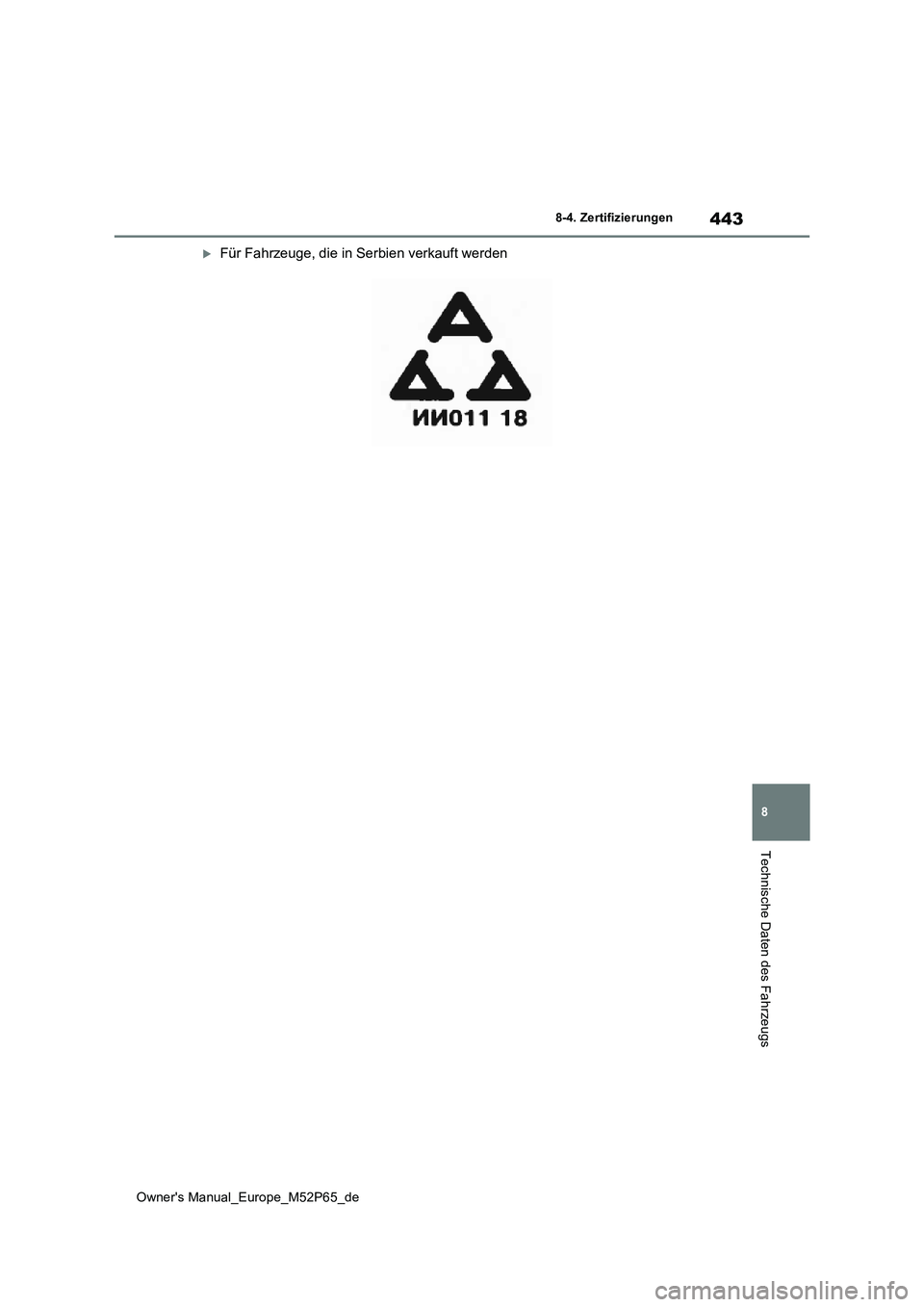 TOYOTA GR YARIS 2022  Betriebsanleitungen (in German) 443
8
Owner's Manual_Europe_M52P65_de
8-4. Zertifizierungen
Technische Daten des Fahrzeugs
Für Fahrzeuge, die in Serbien verkauft werden 