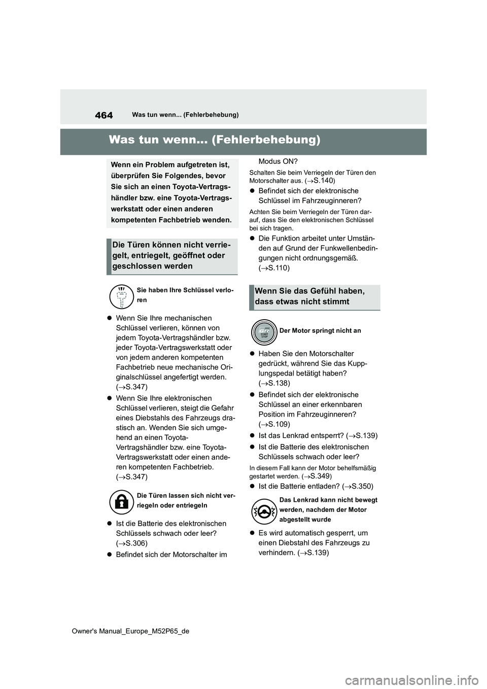 TOYOTA GR YARIS 2022 Betriebsanleitungen (in German) 464
Owner's Manual_Europe_M52P65_de
Was tun wenn... (Fehlerbehebung)
1-1.Was tun wenn... (Fe hle rbe hebun g)Was tun wenn... (Fehlerbehebung)
Wenn Sie Ihre mechanischen
Schlüssel verlieren, TOYOTA GR YARIS 2022 Betriebsanleitungen (in German) 464
Owner's Manual_Europe_M52P65_de
Was tun wenn... (Fehlerbehebung)
1-1.Was tun wenn... (Fe hle rbe hebun g)Was tun wenn... (Fehlerbehebung)
Wenn Sie Ihre mechanischen
Schlüssel verlieren,