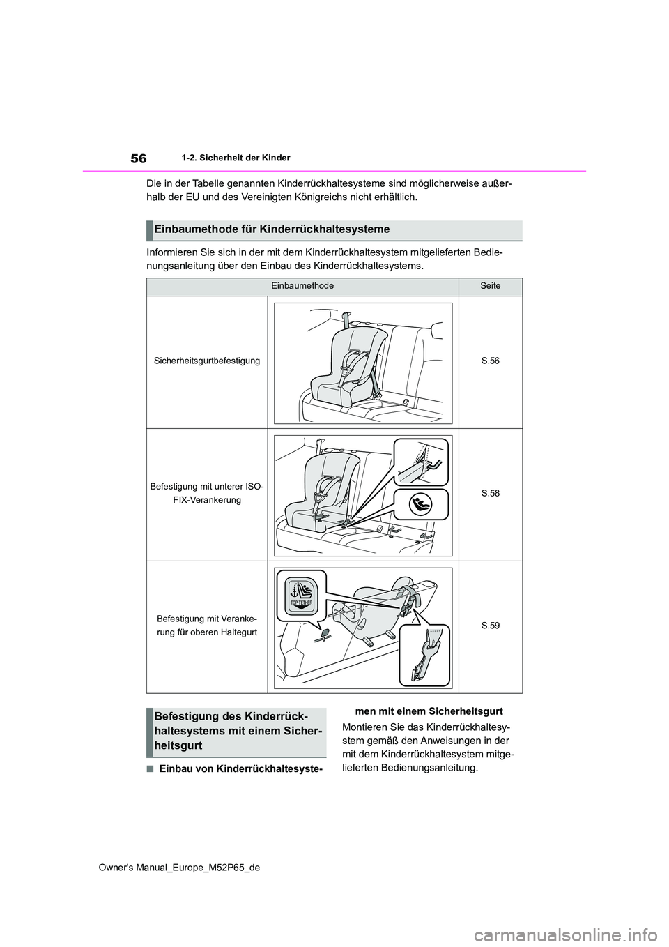 TOYOTA GR YARIS 2022  Betriebsanleitungen (in German) 56
Owner's Manual_Europe_M52P65_de
1-2. Sicherheit der Kinder
Die in der Tabelle genannten Kinderrückhaltesysteme sind möglicherweise außer- 
halb der EU und des Vereinigten Königreichs nicht 