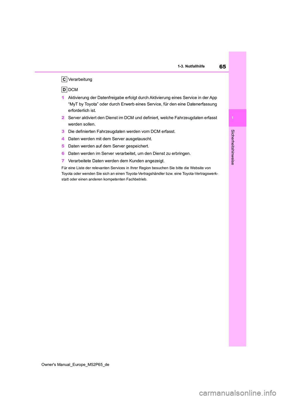 TOYOTA GR YARIS 2022  Betriebsanleitungen (in German) 65
1
Owner's Manual_Europe_M52P65_de
1-3. Notfallhilfe
Sicherheitshinweise
Verarbeitung 
DCM 
1 Aktivierung der Datenfreigabe erfolgt durch Aktivierung eines Service in der App  
“MyT by Toyota