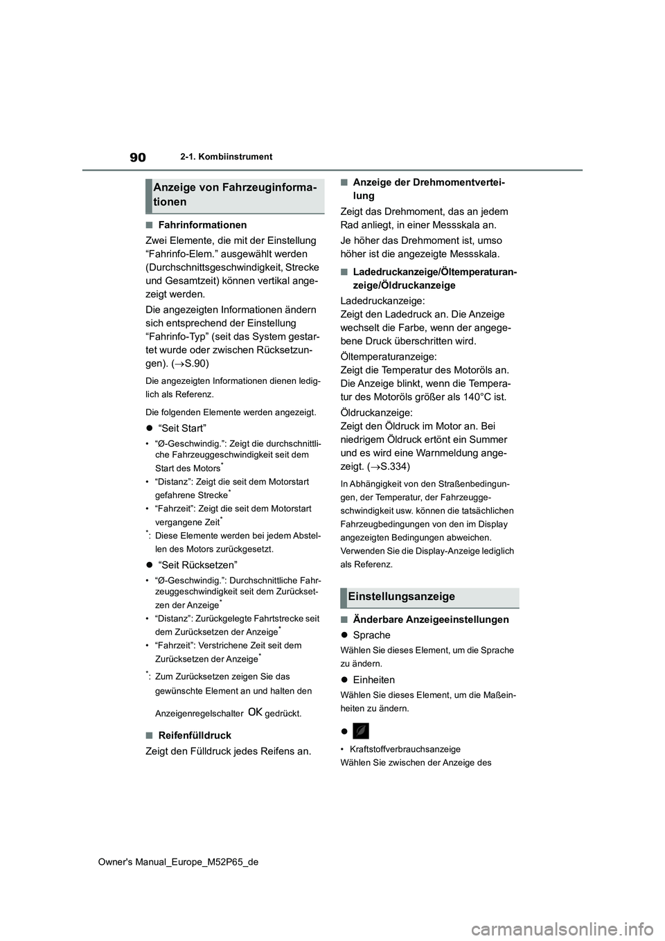 TOYOTA GR YARIS 2022 Betriebsanleitungen (in German) 90
Owner's Manual_Europe_M52P65_de
2-1. Kombiinstrument
■Fahrinformationen
Zwei Elemente, die mit der Einstellung
“Fahrinfo-Elem.” ausgewählt werden
(Durchschnittsgeschwindigkeit, Strec TOYOTA GR YARIS 2022 Betriebsanleitungen (in German) 90
Owner's Manual_Europe_M52P65_de
2-1. Kombiinstrument
■Fahrinformationen
Zwei Elemente, die mit der Einstellung
“Fahrinfo-Elem.” ausgewählt werden
(Durchschnittsgeschwindigkeit, Strec
