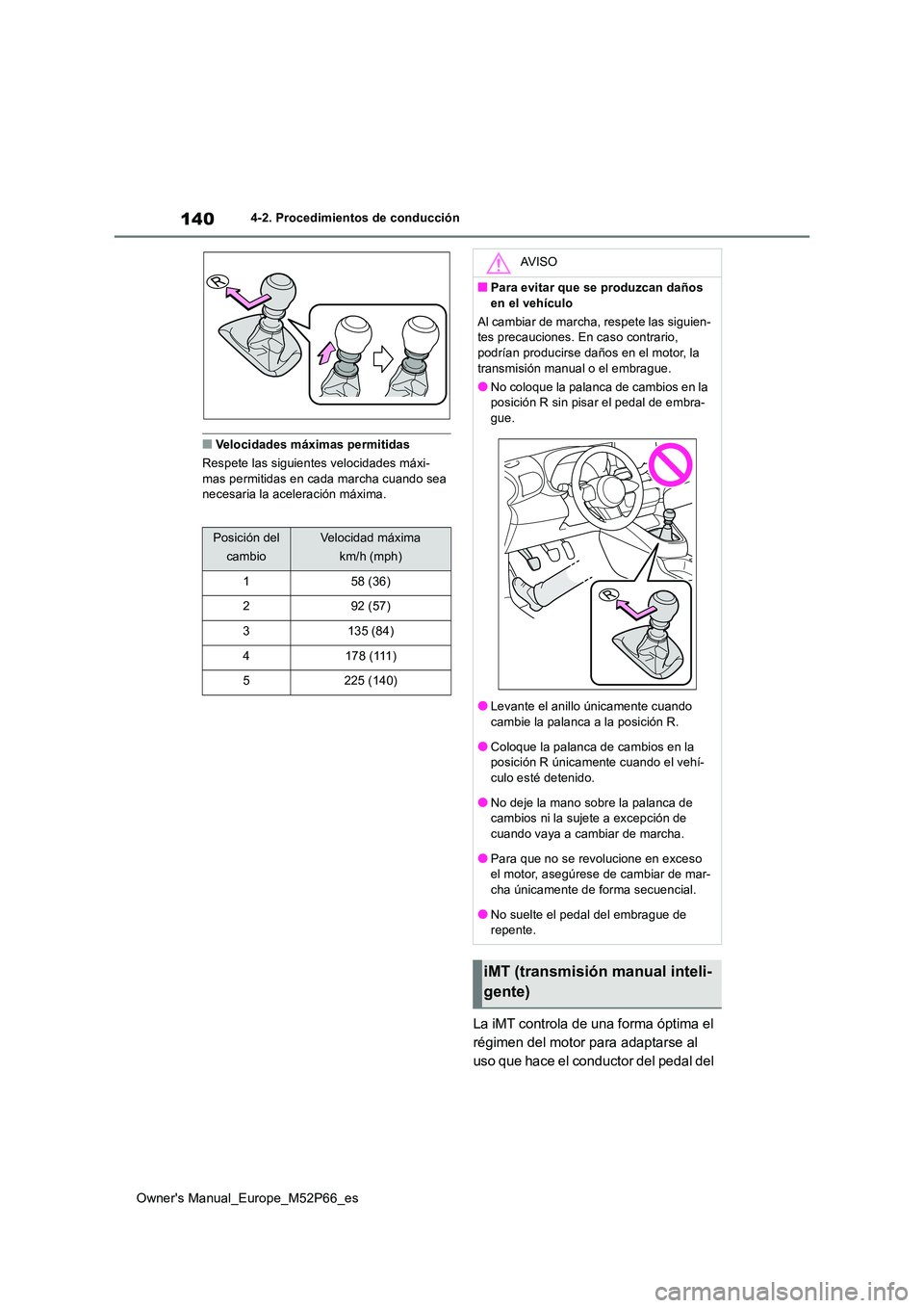 TOYOTA GR YARIS 2022 Manual del propietario (in Spanish) 140
Owner's Manual_Europe_M52P66_es
4-2. Procedimientos de conducción
■Velocidades máximas permitidas
Respete las siguientes velocidades máxi- mas permitidas en cada marcha cuando sea necesa TOYOTA GR YARIS 2022 Manual del propietario (in Spanish) 140
Owner's Manual_Europe_M52P66_es
4-2. Procedimientos de conducción
■Velocidades máximas permitidas
Respete las siguientes velocidades máxi- mas permitidas en cada marcha cuando sea necesa