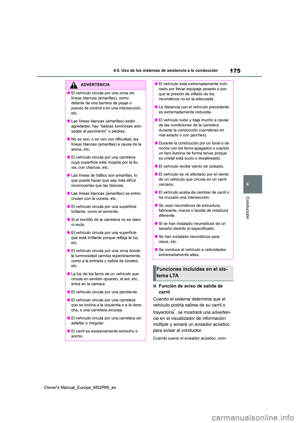 TOYOTA GR YARIS 2022 Manual del propietario (in Spanish) 175
4
Owner's Manual_Europe_M52P66_es
4-5. Uso de los sistemas de asistencia a la conducción
Conducción
■Función de aviso de salida de
carril
Cuando el sistema determina que el
vehículo TOYOTA GR YARIS 2022 Manual del propietario (in Spanish) 175
4
Owner's Manual_Europe_M52P66_es
4-5. Uso de los sistemas de asistencia a la conducción
Conducción
■Función de aviso de salida de
carril
Cuando el sistema determina que el
vehículo