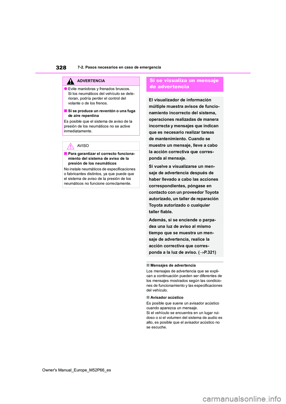 TOYOTA GR YARIS 2022 Manual del propietario (in Spanish) 328
Owner's Manual_Europe_M52P66_es
7-2. Pasos necesarios en caso de emergencia
■Mensajes de advertencia
Los mensajes de advertencia que se expli- can a continuación pueden ser diferentes de l TOYOTA GR YARIS 2022 Manual del propietario (in Spanish) 328
Owner's Manual_Europe_M52P66_es
7-2. Pasos necesarios en caso de emergencia
■Mensajes de advertencia
Los mensajes de advertencia que se expli- can a continuación pueden ser diferentes de l