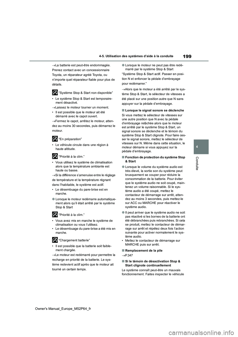TOYOTA GR YARIS 2023  Manuel du propriétaire (in French) 199
4
Owner's Manual_Europe_M52P64_fr
4-5. Utilisation des systèmes d’aide à la conduite
Conduite
La batterie est peut-être endommagée.  
Prenez contact avec un concessionnaire 
Toyota, u
