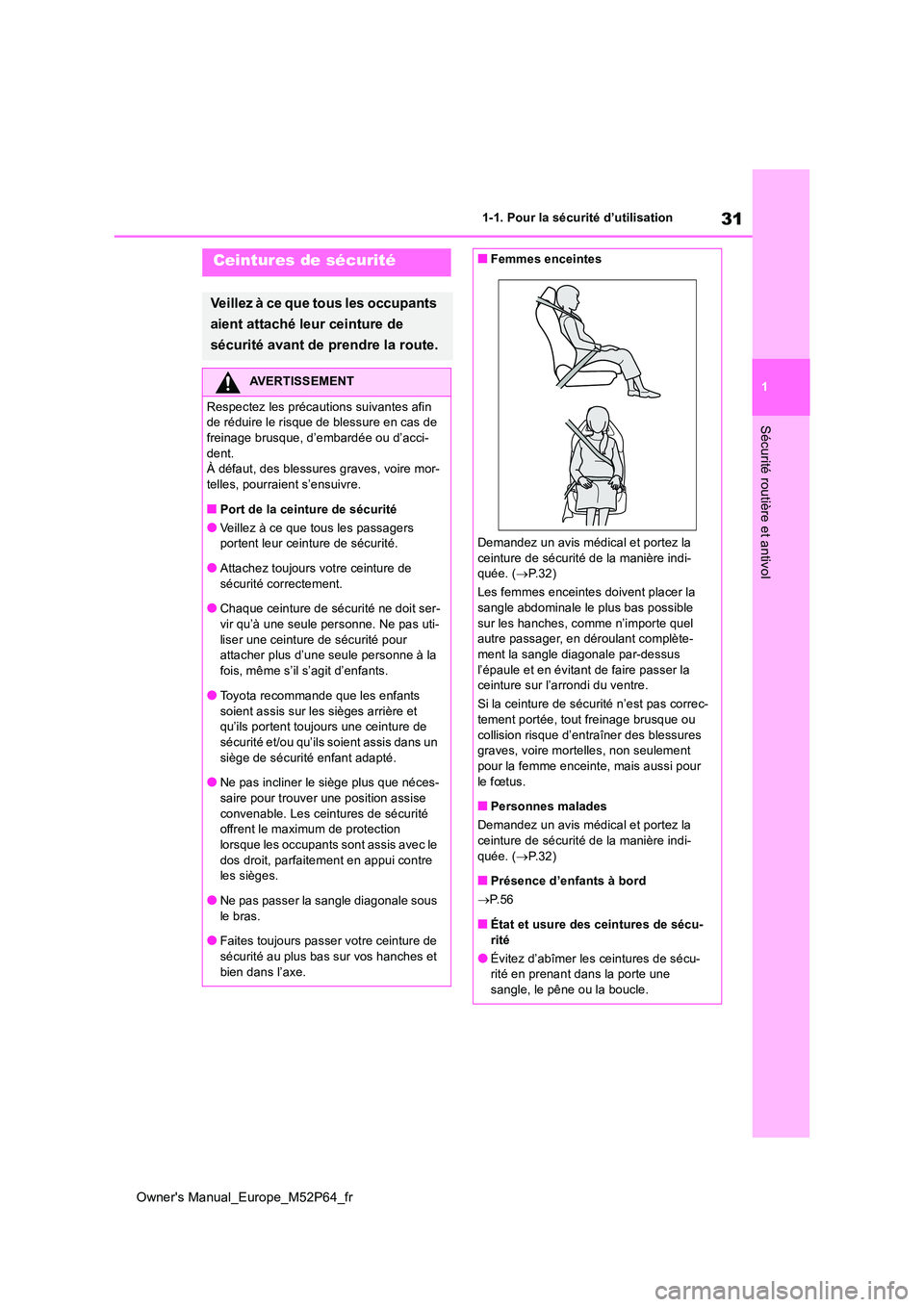 TOYOTA GR YARIS 2023  Manuel du propriétaire (in French) 31
1
Owner's Manual_Europe_M52P64_fr
1-1. Pour la sécurité d’utilisation
Sécurité routière et antivol
Ceintures de sécurité
Veillez à ce que tous les occupants  
aient attaché leur cein