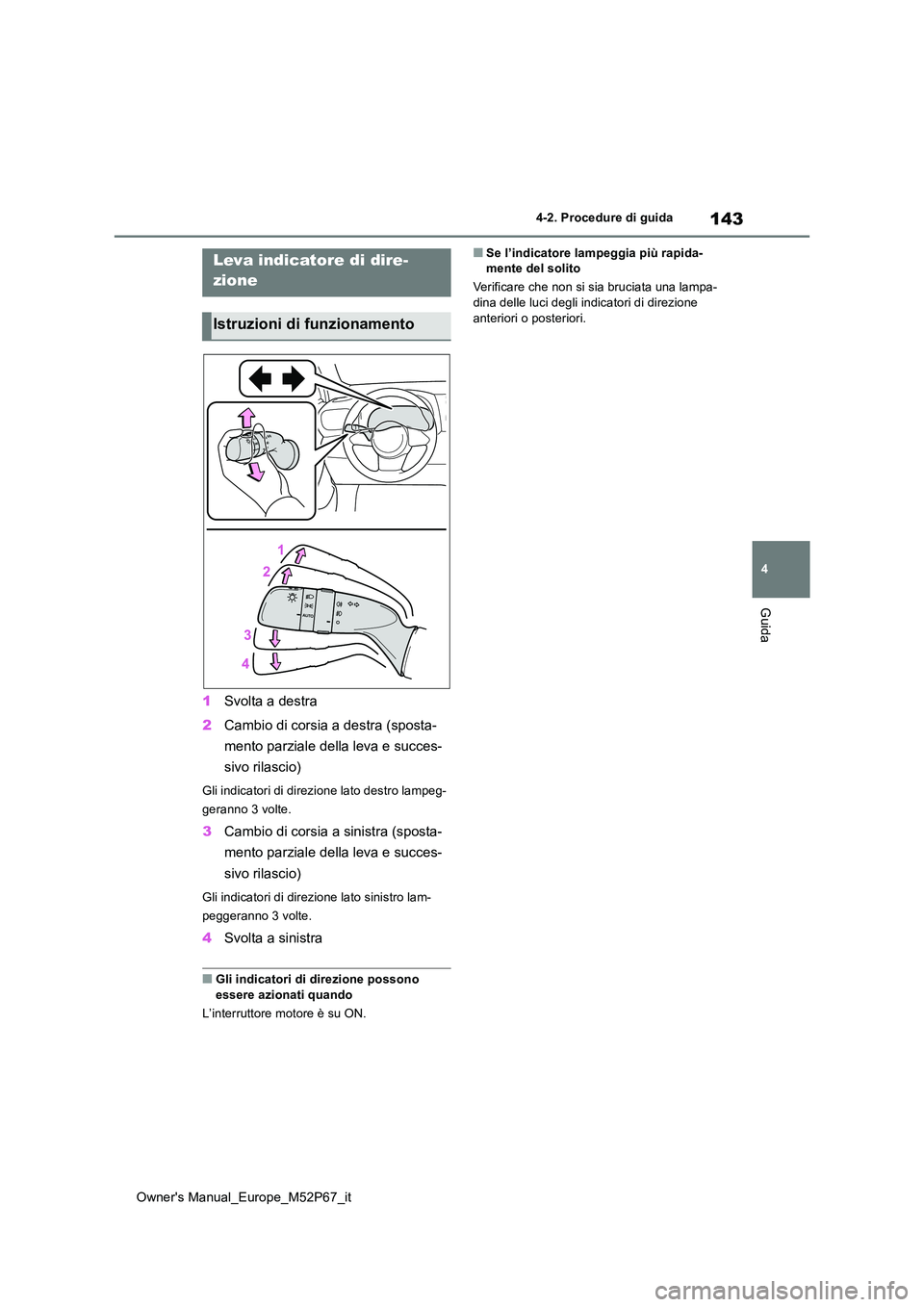 TOYOTA GR YARIS 2022  Manuale duso (in Italian) 143
4
Owner's Manual_Europe_M52P67_it
4-2. Procedure di guida
Guida
1Svolta a destra 
2 Cambio di corsia a destra (sposta- 
mento parziale della leva e succes- 
sivo rilascio)
Gli indicatori di di