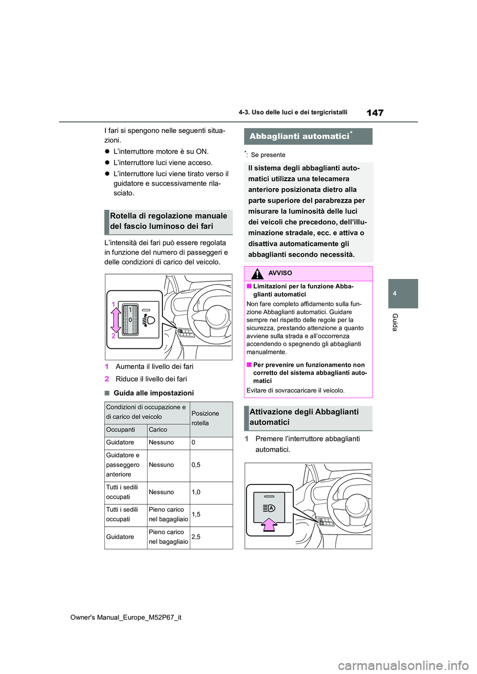 TOYOTA GR YARIS 2022  Manuale duso (in Italian) 147
4
Owner's Manual_Europe_M52P67_it
4-3. Uso delle luci e dei tergicristalli
Guida
I fari si spengono nelle seguenti situa- 
zioni. 
 L’interruttore motore è su ON. 
 L’interruttore l