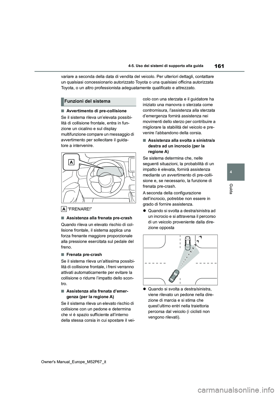 TOYOTA GR YARIS 2022 Manuale duso (in Italian) 161
4
Owner's Manual_Europe_M52P67_it
4-5. Uso dei sistemi di supporto alla guida
Guida
variare a seconda della data di vendita del veicolo. Per ulteriori dettagli, contattare
un qualsiasi conce TOYOTA GR YARIS 2022 Manuale duso (in Italian) 161
4
Owner's Manual_Europe_M52P67_it
4-5. Uso dei sistemi di supporto alla guida
Guida
variare a seconda della data di vendita del veicolo. Per ulteriori dettagli, contattare
un qualsiasi conce