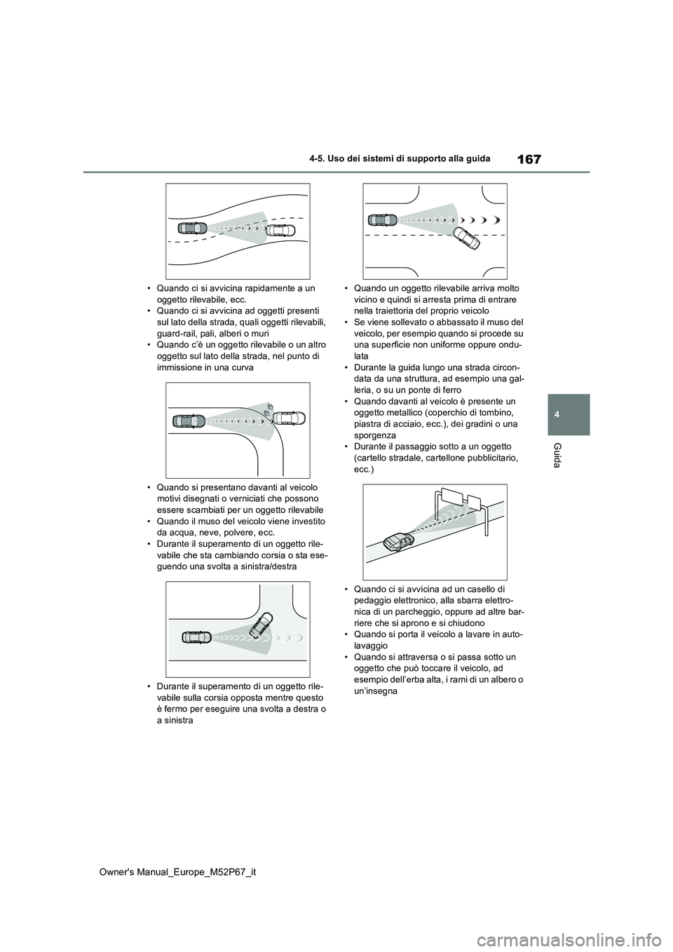 TOYOTA GR YARIS 2022  Manuale duso (in Italian) 167
4
Owner's Manual_Europe_M52P67_it
4-5. Uso dei sistemi di supporto alla guida
Guida
• Quando ci si avvicina rapidamente a un  oggetto rilevabile, ecc.• Quando ci si avvicina ad oggetti pre