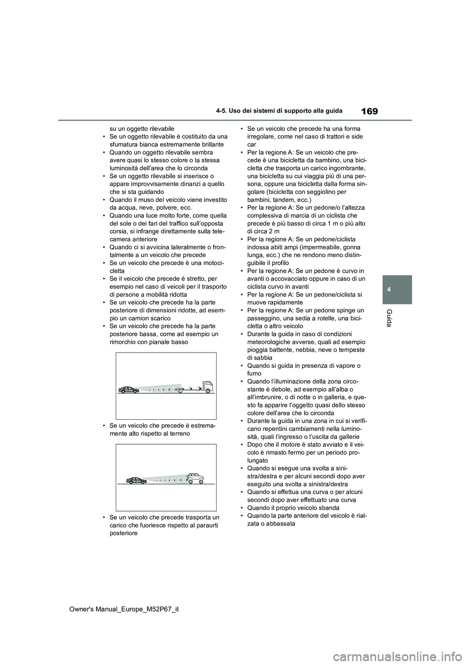 TOYOTA GR YARIS 2022  Manuale duso (in Italian) 169
4
Owner's Manual_Europe_M52P67_it
4-5. Uso dei sistemi di supporto alla guida
Guida
su un oggetto rilevabile • Se un oggetto rilevabile è costituito da una sfumatura bianca es tremamente br