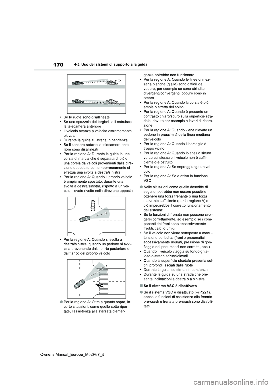 TOYOTA GR YARIS 2022  Manuale duso (in Italian) 170
Owner's Manual_Europe_M52P67_it
4-5. Uso dei sistemi di supporto alla guida 
• Se le ruote sono disallineate • Se una spazzola del tergicristalli ostruisce la telecamera anteriore 
• Il 
