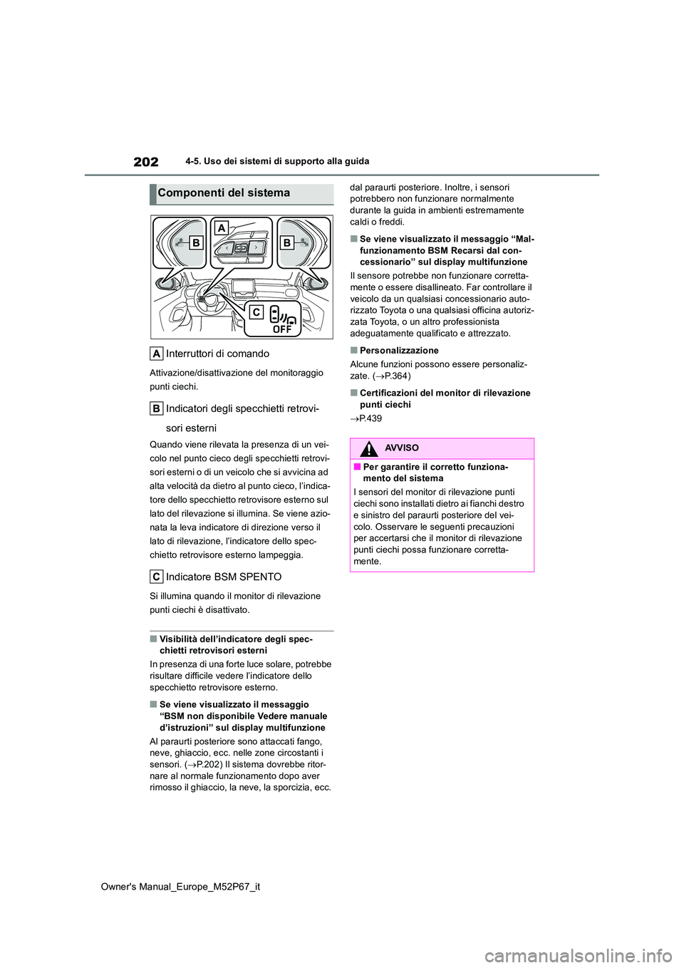 TOYOTA GR YARIS 2022  Manuale duso (in Italian) 202
Owner's Manual_Europe_M52P67_it
4-5. Uso dei sistemi di supporto alla guida
Interruttori di comando
Attivazione/disattivazione del monitoraggio  
punti ciechi.
Indicatori degli specchietti ret
