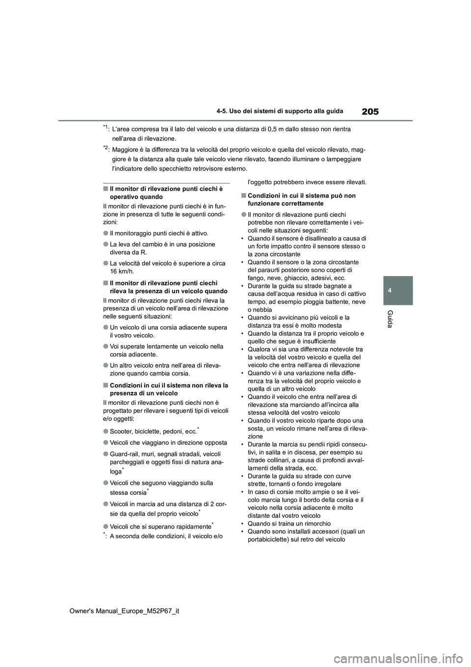 TOYOTA GR YARIS 2022  Manuale duso (in Italian) 205
4
Owner's Manual_Europe_M52P67_it
4-5. Uso dei sistemi di supporto alla guida
Guida
*1: L’area compresa tra il lato del veicolo e una distanza di 0,5 m dallo stesso non rientra  
nell’area