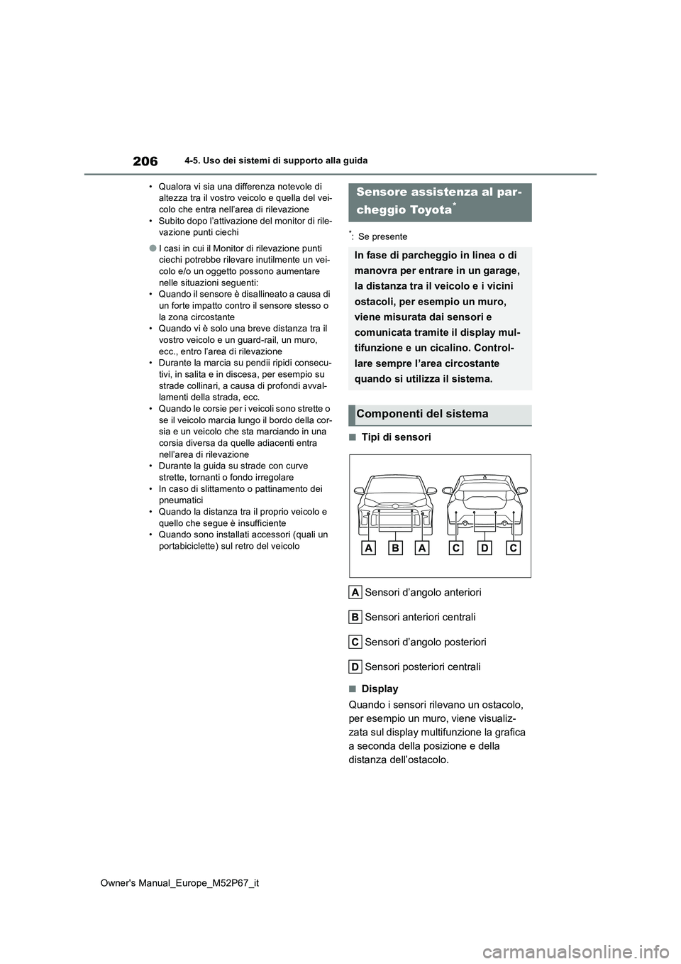 TOYOTA GR YARIS 2022  Manuale duso (in Italian) 206
Owner's Manual_Europe_M52P67_it
4-5. Uso dei sistemi di supporto alla guida 
• Qualora vi sia una differenza notevole di  altezza tra il vostro veicolo e quella del vei-colo che entra nell