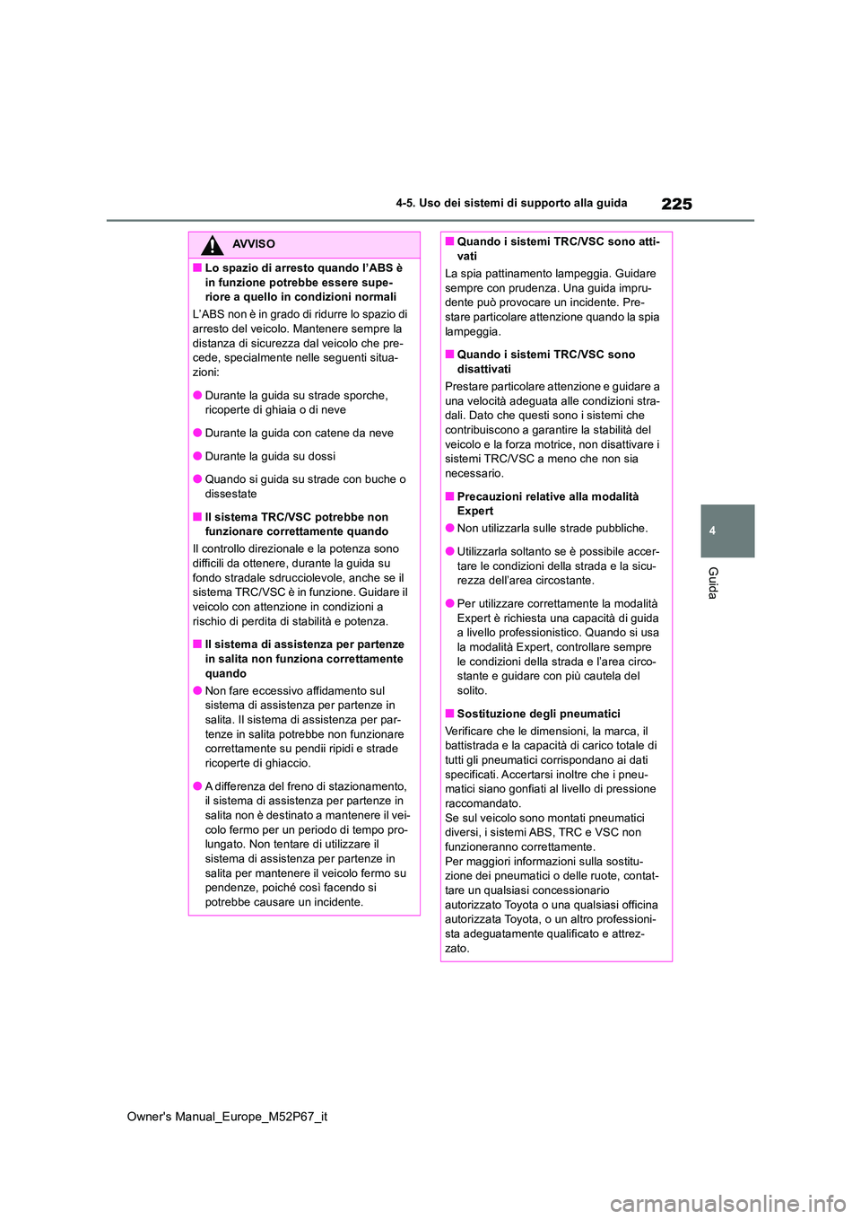 TOYOTA GR YARIS 2022  Manuale duso (in Italian) 225
4
Owner's Manual_Europe_M52P67_it
4-5. Uso dei sistemi di supporto alla guida
Guida
AVVISO
■Lo spazio di arresto quando l’ABS è  
in funzione potrebbe essere supe- riore a quello in condi