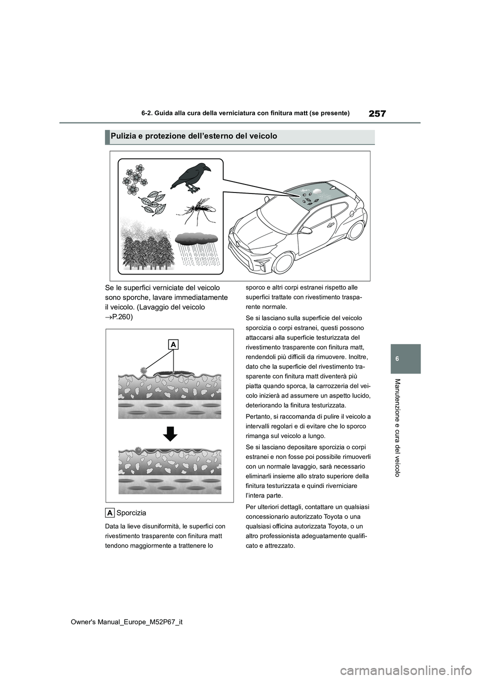 TOYOTA GR YARIS 2022  Manuale duso (in Italian) 257
6
Owner's Manual_Europe_M52P67_it
6-2. Guida alla cura della verniciatura con finitura matt (se presente)
Manutenzione e cura del veicolo
Se le superfici verniciate del veicolo  
sono sporche,