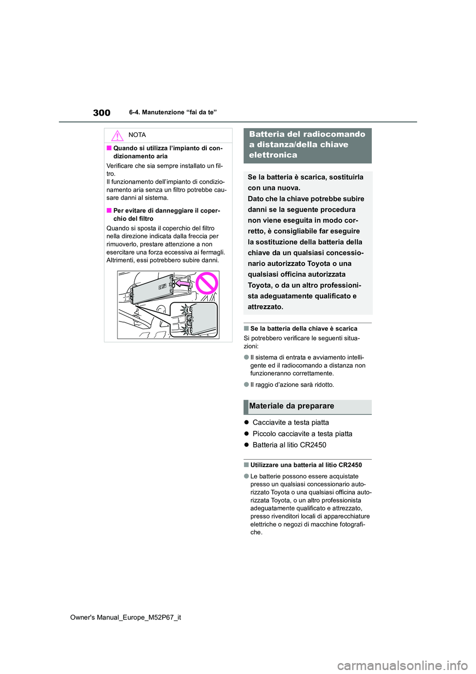 TOYOTA GR YARIS 2022  Manuale duso (in Italian) 300
Owner's Manual_Europe_M52P67_it
6-4. Manutenzione “fai da te”
■Se la batteria della chiave è scarica 
Si potrebbero verificare le seguenti situa- 
zioni:
●Il sistema di entrata e avvi