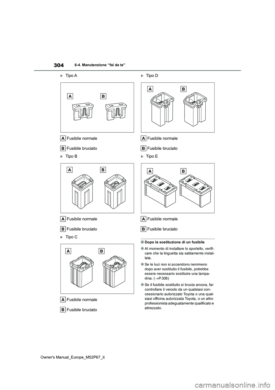 TOYOTA GR YARIS 2022  Manuale duso (in Italian) 304
Owner's Manual_Europe_M52P67_it
6-4. Manutenzione “fai da te”
Tipo A 
Fusibile normale 
Fusibile bruciato
Tipo B 
Fusibile normale 
Fusibile bruciato
Tipo C 
Fusibile normale 
Fus